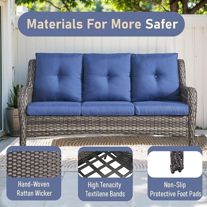 Outdoor Couch All Weather PE Wicker Patio Sofa Outdoor Sofa Deep Seating for Porch Deck Backyard-Grey/Blue
