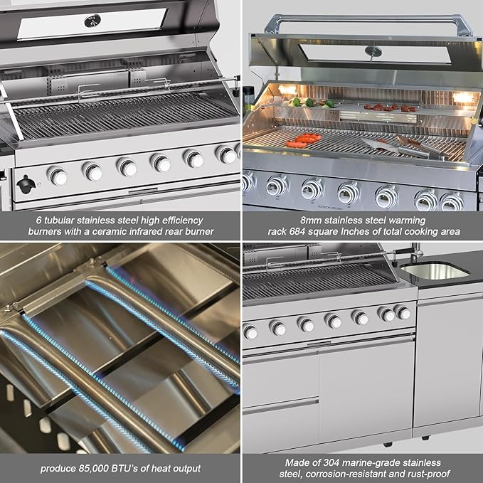 Outdoor Kitchen Island, 95.5 Inch 85000 BTU Propane Gas Grill Combination With Refrigerator and Sink, Outdoor Stainless Steel Barbecue Bar, 6 Burner Propane Grill for Patios, Gardens, Parties