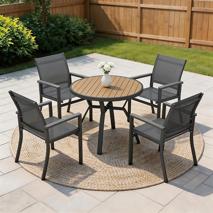 Wisteria Lane Patio Table and Chairs for 4, Outdoor Patio Dining Furniture Set with Aluminum Table and Metal Textilene Chairs, All-Weather Patio Table Set with HDPS Round Tabletop for Garden Porch