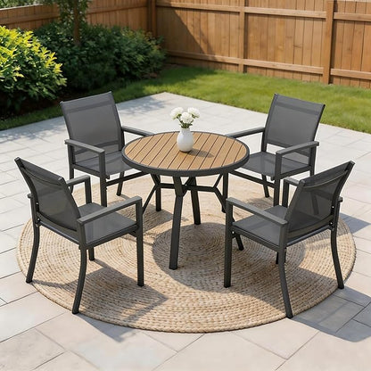 Wisteria Lane Patio Table and Chairs for 4, Outdoor Patio Dining Furniture Set with Aluminum Table and Metal Textilene Chairs, All-Weather Patio Table Set with HDPS Round Tabletop for Garden Porch