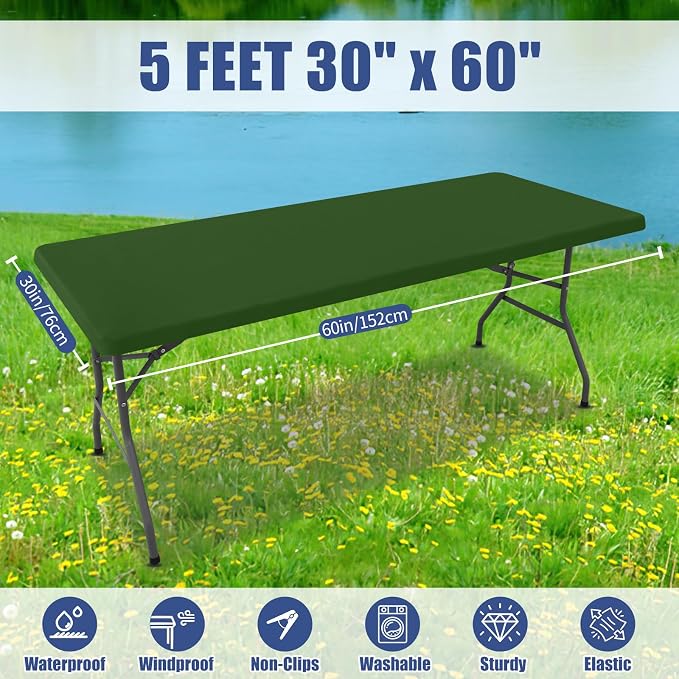 Moosfor 2 Pack Rectangle Spandex Fitted Table Cloth, 5FT Elastic Tablecloth | Washable Picnic Table Cover, Stretch Waterproof Table cloths for Party, Patio, Dining, Kitchen, 30" x 60", Olive Green