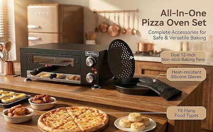 Electric Pizza Oven Indoor,12 inch Countertop Pizza Maker with Viewing Window,Stainless Steel Commercial Pizza Oven, Removable Handle,Dual Baking Trays and Oven Mitts