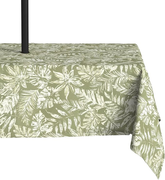 LVTXIII Rectangle Outdoor Tablecloth with Umbrella Hole and Zipper, Water-Repellent 60 x 84 Inch Patio Table Cover for Picnic, Garden, Backyard Dining, Tropical Leaf Green