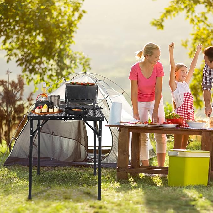 Portable Grill Table for Outside, Aluminum Square Folding Grill Stand Table for Outdoor Camping Picnic BBQ, Lightweight Adjustable Height, 24"x24", Black