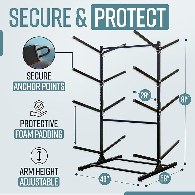 Teal Triangle Adjustable Freestanding Kayak Storage Rack, Holds 8 Kayaks | Outdoor Kayak Rack, Paddle Board Holder, Canoe Rack, Kayak Stand, Felt Padded Arms, Weather Resistant Steel