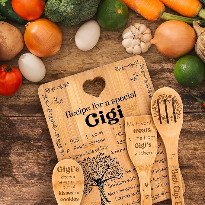 Gigi Gifts - "Recipe for a Special Gigi" Gigi Gifts for Grandma Cutting Board Set, Bamboo-Made Engraved Utensil Set Gifts for Gigi Cutting Board, Mothers Day Gifts for Gigi.