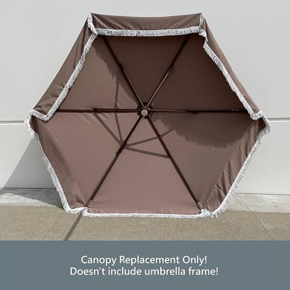 FORMOSA 9ft 6 Rib Market Premium Patio Umbrella Replacement Canopy - 300D UV Protective and Water Resistant Patio Canopy - Umbrella Replacement Cover (CANOPY ONLY) (Taupe Fringe)