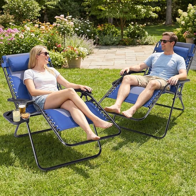 NEWBULIG Padded Zero Gravity Chair, Folding Lounge Chair Outdoor, Blue | Foldable Beach Camping Recliner Chair with Adjustable Pillow and Trays for Poolside Lawn Patio