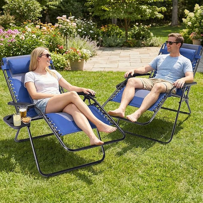 NEWBULIG Padded Zero Gravity Chair, Folding Lounge Chair Outdoor, Blue | Foldable Beach Camping Recliner Chair with Adjustable Pillow and Trays for Poolside Lawn Patio