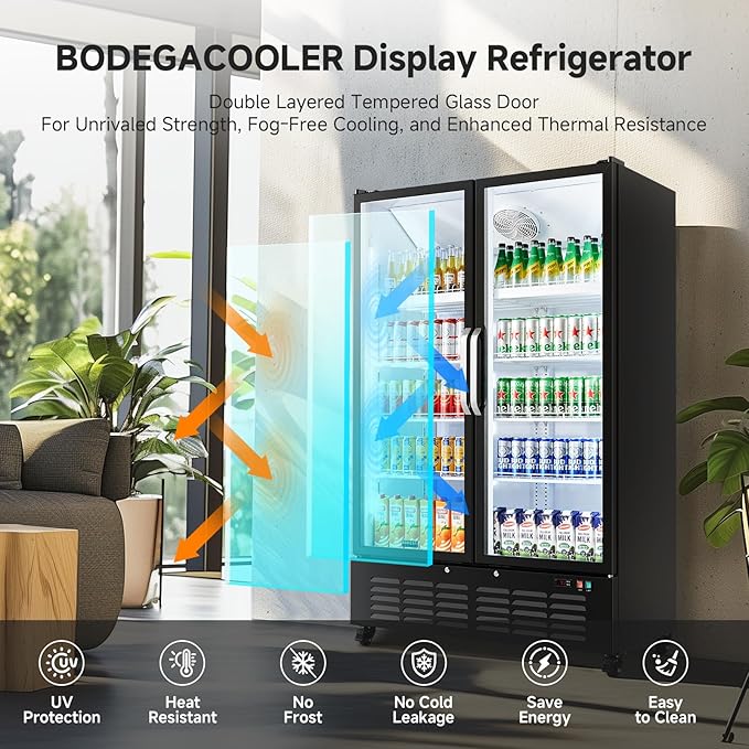 BODEGACOOLER Commercial Merchandiser Refrigerator, 36.8 Cu.Ft Double Glass Door Beverage Cooler, Upright Display Refrigerator with Soft LED Light, Adjustable Shelves, 4 Heavy-Duty Casters, Black
