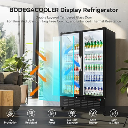 BODEGACOOLER Commercial Merchandiser Refrigerator, 36.8 Cu.Ft Double Glass Door Beverage Cooler, Upright Display Refrigerator with Soft LED Light, Adjustable Shelves, 4 Heavy-Duty Casters, Black