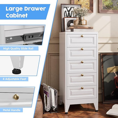 Metal Bathroom Storage Cabinet with 5 Drawers, Freestanding Bathroom Floor Cabinet for Home, Living Room, Assembly Required, White, 39.4" H x 16.6" W x 15.8" D