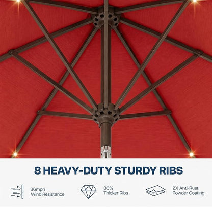11FT Solar Patio Umbrella with Lights, Outdoor Table Market Umbrella with 32 LED Lights, 8 Sturdy Ribs, Smooth Crank Lift for Pool, Deck and Garden, UV-Resistant