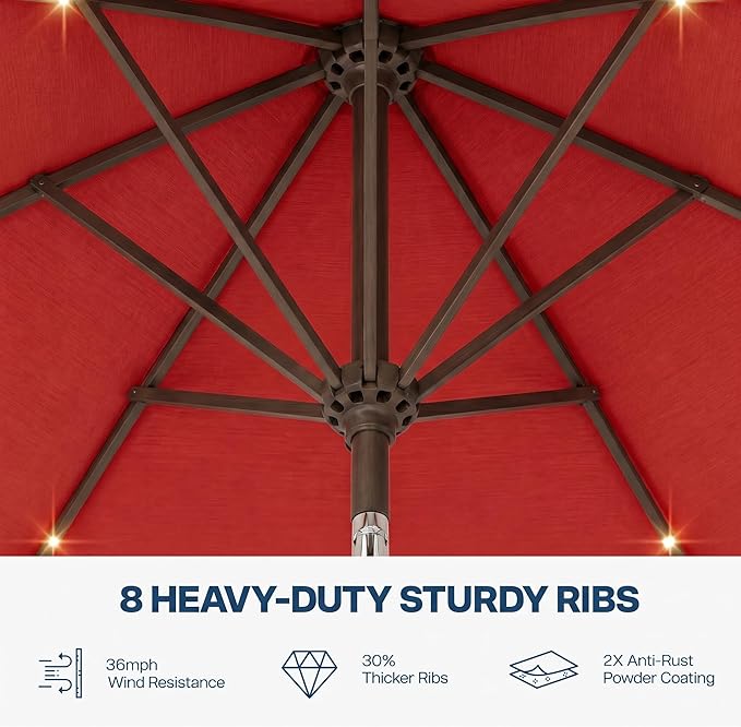 10FT Solar Patio Umbrella with Lights, Outdoor Table Market Umbrella with 32 LED Lights, 8 Sturdy Ribs, Push Button Tilt and Crank for Pool, Deck and Garden, UV-Resistant