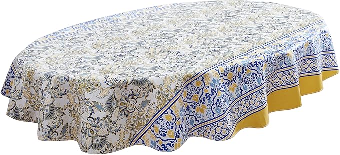 Home Bargains Plus Oval Vinyl Tablecloth with Flannel Backing, 60 x 84 Inch, Alluring French Country, Yellow and Blue Floral Vinyl Table Cover, Heavy Weight for Dining Party and Barbecues