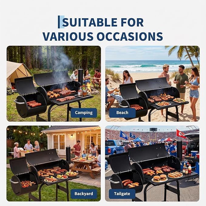 GarveeLife BBQ Charcoal Grill, Outdoor Barrel Grills with Offset Smoker, Patio Barbecue Grill and Smoker Combo with Wheels and Handle, for Garden Backyard Party Camping Picnic, Black