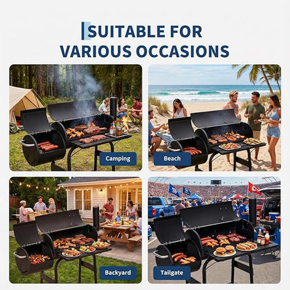 GarveeLife BBQ Charcoal Grill, Outdoor Barrel Grills with Offset Smoker, Patio Barbecue Grill and Smoker Combo with Wheels and Handle, for Garden Backyard Party Camping Picnic, Black