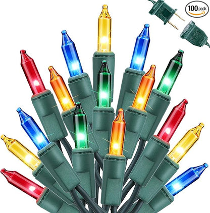 Toodour Multicolor Christmas Lights, 25ft 100 Count Incandescent Christmas String Lights, UL Certified Connectable Green Wire Xmas Lights for Tree, Holiday, Party, New Year, Indoor Xmas Decorations