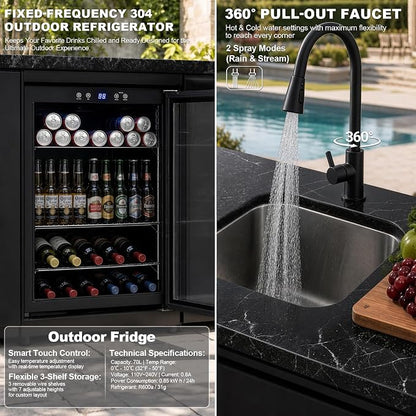 101" 6-Burner Modular Outdoor Kitchen Island, 85,000 BTU Propane Gas Grill | 6 Burners, Rear Infrared, Marble Countertop, Fridge, 360° Pull-Out Faucet, 304 Sink, Dual-Layer Warming Rack, Storage Cabinet