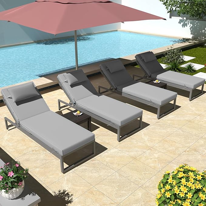 Chaise Lounge Cushions Outdoor Set of 2 Lounge Chair Cushion 80" L x 26" W with Headrest Straps 3'' Thick Waterproof Patio Chaise Cushions Pool Lounger Chair Cushion(Light Gray)