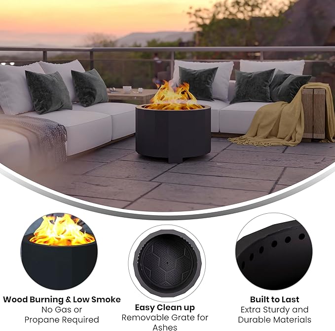 Merrick Lane Aries 27" Smokeless Firepit - Black Steel Finish - Wood Burning - Lightweight Portable Design - Waterproof Cover Included - No Assembly Required