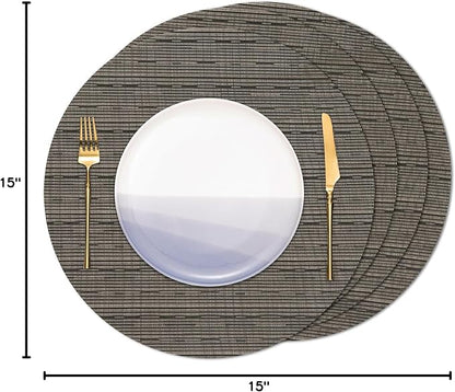 Round Placemats Set of 4 Heat Resistant Vinyl Placemats 15 inch Washable Non-Slip Table Mats Woven Place Mats for Dining Table (Black + Golden, Set of 4)