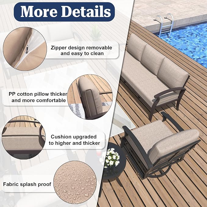 ALAULM Aluminum 3-Seat Patio Furniture Set, Metal Outdoor Furniture Sectional Sofas w/5.1" Cushions for Patio, Backyard, Poolside-Sand