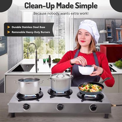 Three Burner Stove Stainless Steel Propane Portable Cooktop Range | Propane Range 3 Burner Cooktop, Indian Style Gas Stove for Outdoor Cooking on 3 Burner Gas Stove Camp Stove