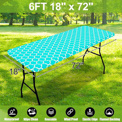 Smiry Picnic Fitted Table Cover, 6 Foot Flannel Backed Vinyl Tablecloth | Waterproof Elastic Stretch Table Cloth, Wipeable Plastic Tablecloth for Camping, Indoor & Outdoor (Teal, 18" x 72")
