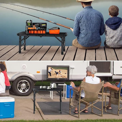 VINTEAM Camping Folding Table with Adjustable Height, Lightweight Portable Outdoor Picnic Table, BBQ Grill Side Table, Durable Aluminum Frame, MDF Desktop for Camping, Fishing, RV, Beach (Black) | Max Load 30kg MDF Surface Easy to Clean, Lightweight, S...