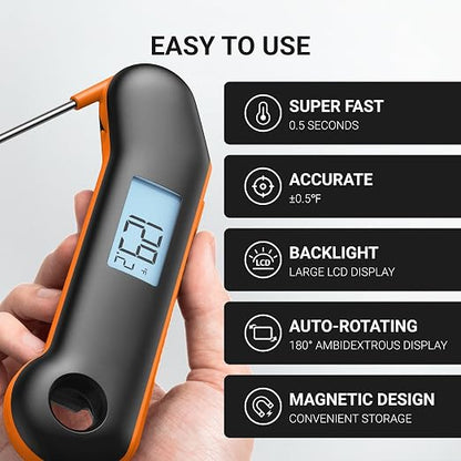ThermoMaven Professional Meat Thermometer, NIST Certified Accuracy ±0.5°F | Instant Read in 0.5 Sec, IP67 Waterproof, Ambidextrous Backlight & Auto-Rotating Display, for BBQ/Grill/Cooking, Black&Orange