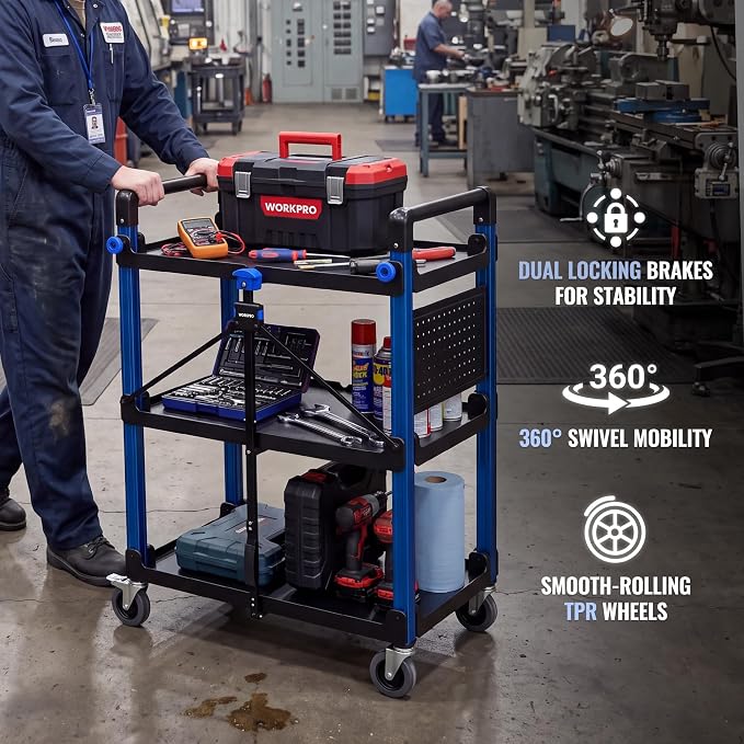 WORKPRO Heavy Duty 3-Tier Utility Cart, 450 LBS Folding Cart with Wheels | Built-In Pegboard & Hooks Keep Tools Organized, Collapsible Design with Carry Handle for Garage, Workshop, Warehouse & Home