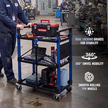 WORKPRO Heavy Duty 3-Tier Utility Cart, 450 LBS Folding Cart with Wheels | Built-In Pegboard & Hooks Keep Tools Organized, Collapsible Design with Carry Handle for Garage, Workshop, Warehouse & Home
