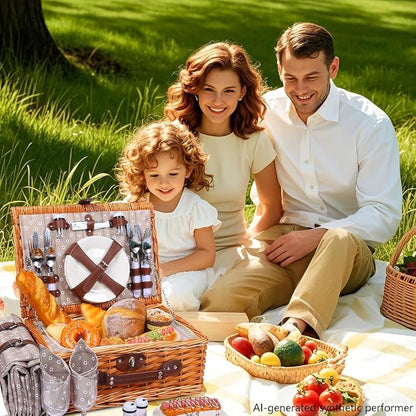Wicker Picnic Basket Set for 4, Blanket, Cooler Bag, Brown Floral | Four-Person Wicker Set Includes Tableware, Insulated Food Storage and Waterproof Blanket for Parks, Camping, Dates and Gifts