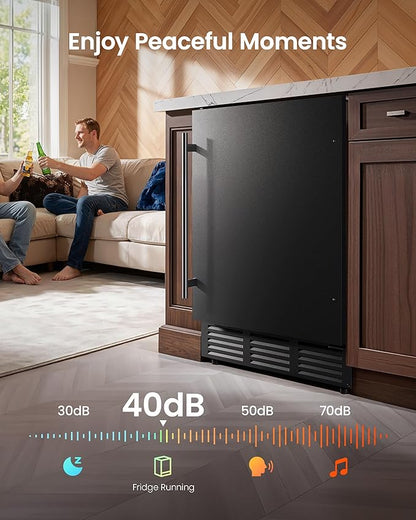 24 Inch Beverage Refrigerator, 180 Can Under Counter Fridge, Stainless Steel Outdoor Fridge for Patio & Outdoor Kitchen, Outdoor Refrigerator for Soda, Beer, Built-in & Freestanding(Black)