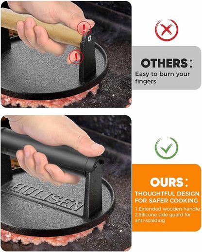 HULISEN Pre-Seasoned Cast Iron Burger Press, Heavy Duty 6” Burger Smasher for Griddle with Heat Resistant Handle, Grill Press for Hamburger, Bacon, Meat, Steak, Patty, Barbecue Grilling Tool, 2.3lb