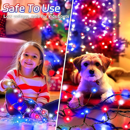 Red White and Blue Lights String for 4th of July Decorations Outdoor Total 100LED 33Ft Battery Operated with Timer 8 Modes Waterproof 50LED*2 for Memorial Day Decorations Patriotic Decor 2-Pack