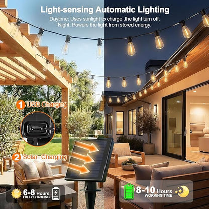 52FT Solar String Lights Outdoor Waterproof Patio Lights with Remote and 15+1 LED Shatterproof Bulbs, 3 Light Modes Dimmable & Timer Solar Lights for Backyard Porch Garden Wedding Decor