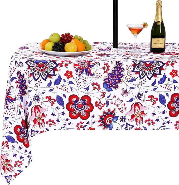 SquarePie Rectangle Outdoor Tablecloth with Umbrella Hole and Zipper 60x84 Inch, SpillProof Wipeable Patio Table Cloth for Spring Summer Garden Backyard Camping Picnic, Botanical Gorgeous Flowers