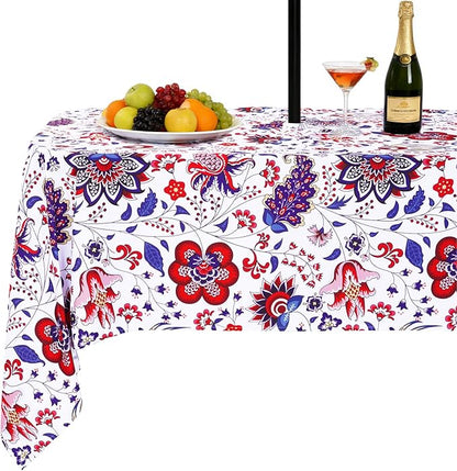 SquarePie Rectangle Outdoor Tablecloth with Umbrella Hole and Zipper 60x84 Inch, SpillProof Wipeable Patio Table Cloth for Spring Summer Garden Backyard Camping Picnic, Botanical Gorgeous Flowers