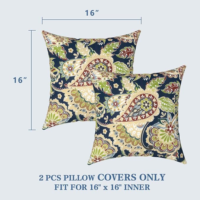 LVTXIII 2 Pack Outdoor Throw Pillow Covers for Patio Furniture, 16x16 Inch Square Pillow Case, Water-Repellent Cushion Covers for Garden, Porch, Sofa, Paisley Bloom