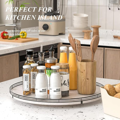 AMH 24-Inch Whitewashed Farmhouse Wooden Lazy Susan Organizer | Smooth rotating oak tray with walnut finish for dining tables, kitchen counters, pantries and cabinet storage.