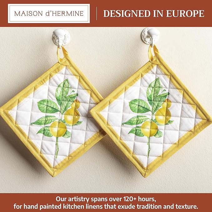 Maison d' Hermine Pot Holders 100% Cotton Heat Resistant Potholders 8" x 8" Hot Pads with Loop BBQ Cooking Baking Hotel Farmhouse Kitchen Handling Hot Pans Spring Summer (Pack of 2, Limoncello)