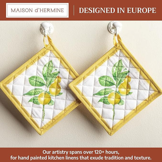 Maison d' Hermine Pot Holders 100% Cotton Heat Resistant Potholders 8" x 8" Hot Pads with Loop BBQ Cooking Baking Hotel Farmhouse Kitchen Handling Hot Pans Spring Summer (Pack of 2, Limoncello)