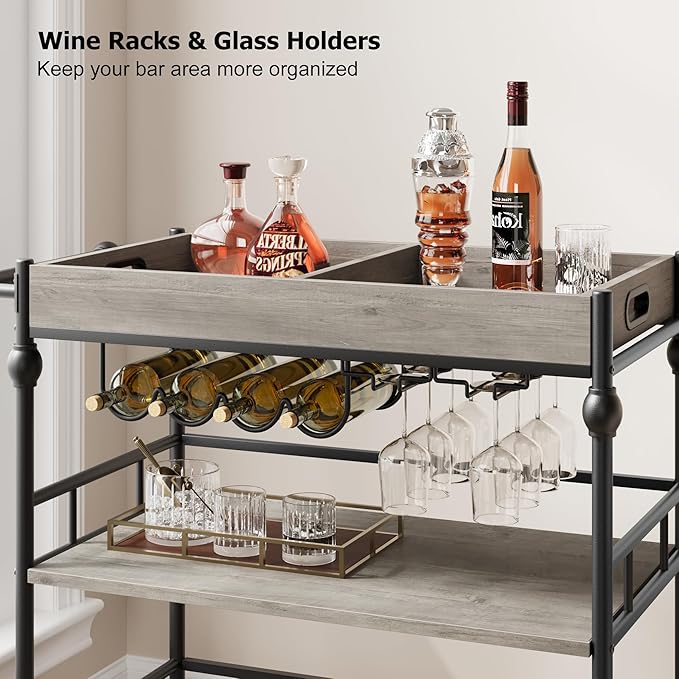 Garvee Bar Cart with Wheels, 3-Tier Rolling Serving Cart with Removable Tray, Mobile Kitchen Beverage Cart with Wine Rack & Glass Holder, Retro Roman Column Design, 35.4 x 15.7 x 34.1 Inches, Grey