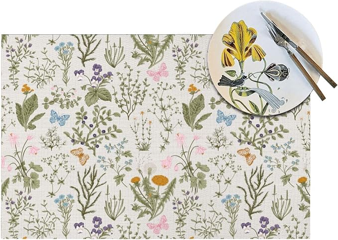 Vintage Wildflowers Placemats Set of 4 Herbs Plants Dining Table Mat | Washable Cute Botanic Spring Summer Sage Green Place Mats for Kitchen Dinner Parties Decor12"x18"