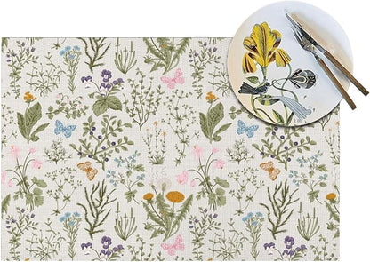 Vintage Wildflowers Placemats Set of 4 Herbs Plants Dining Table Mat | Washable Cute Botanic Spring Summer Sage Green Place Mats for Kitchen Dinner Parties Decor12"x18"