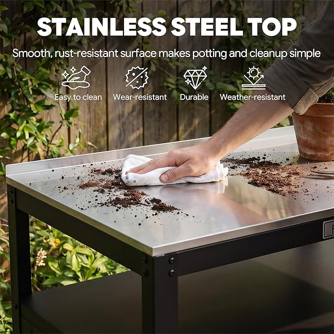 Feasto Metal Outdoor Potting Bench with Storage Cabinet for Garden Work | Durable Metal Cabinet & Stainless Steel Top, Open Middle Shelf, Raised Edge & Adjustable Feet, for Patio, Lawn & Greenhouse