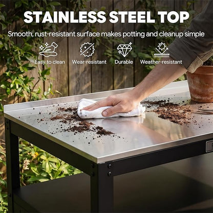 Feasto Metal Outdoor Potting Bench with Storage Cabinet for Garden Work | Durable Metal Cabinet & Stainless Steel Top, Open Middle Shelf, Raised Edge & Adjustable Feet, for Patio, Lawn & Greenhouse
