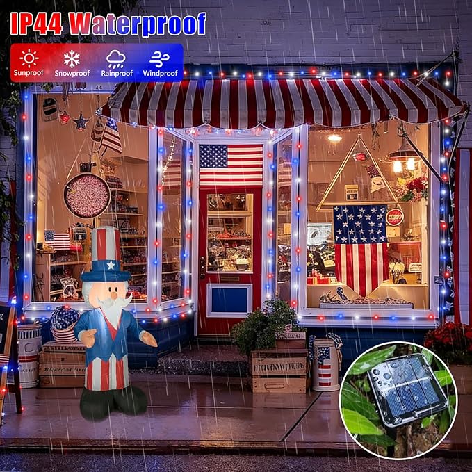 YEGUO 4 Pack Red White and Blue Solar Lights, Each 33ft 100 LED 4th of July Solar Fairy Lights Outdoor Waterproof, 8 Modes Sliver Wire Patriotic String Lights for Independence Memorial Day Decoration